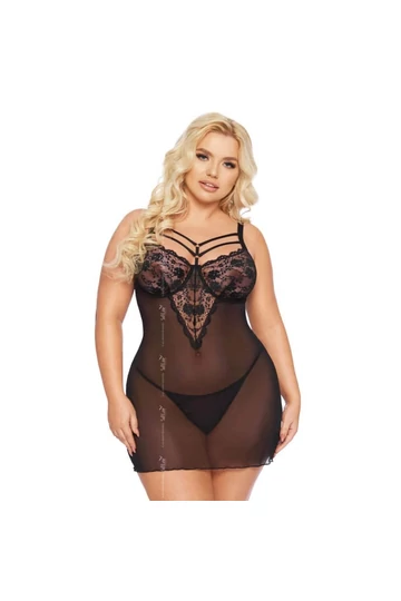 Softline Aldona erotikus fekete csipke nagy méretű babydoll szett  XL