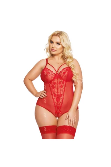 Softline Amanda elegáns szexi alul nyitott piros csipke body moletteknek XL