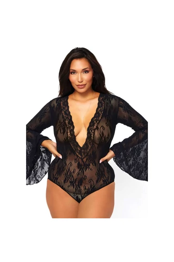 Leg Avenue nagyméretű szexi fekete csipke body harisnyával szettben XL-XXL Leg Avenue nagyméretű szexi fekete csipke body harisnyával szettben XL-XXL