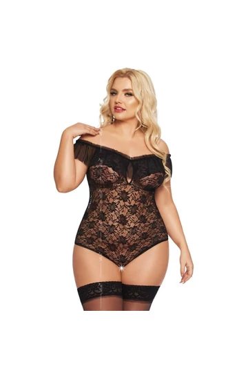 Softline Kamila szexi ejtett vállú nyitott fekete csipke body moletteknek XL