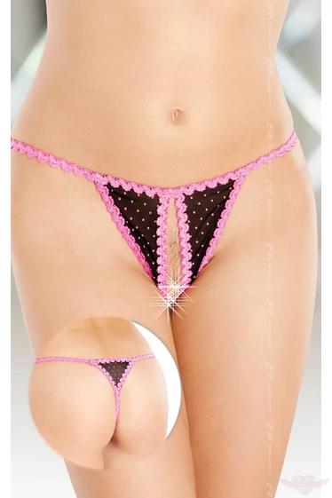 Softline elöl nyitott pöttyös szexi fekete - pink csipke tanga bugyi 