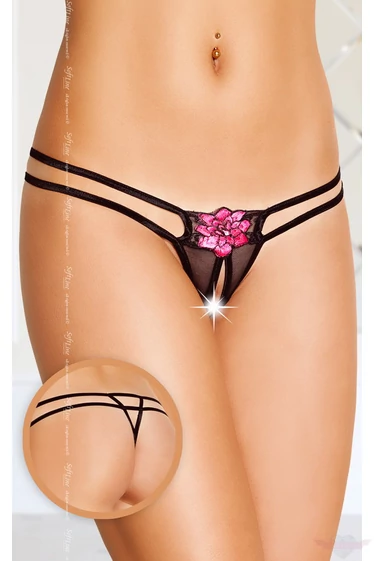 Softline alul nyitott, rózsaszín lótuszvirággal díszített fekete tanga 