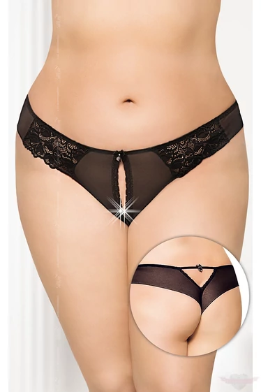 Softline nyitott szexis fekete spagettipántos csipke francia bugyi  queen size