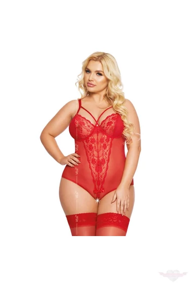 Softline Amanda elegáns szexi alul nyitott piros csipke body moletteknek XL
