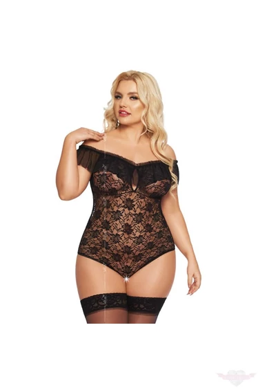 Softline Kamila szexi ejtett vállú nyitott fekete csipke body moletteknek XL